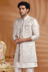 Light Pink Silk Embroidered Jacket Kurta Set